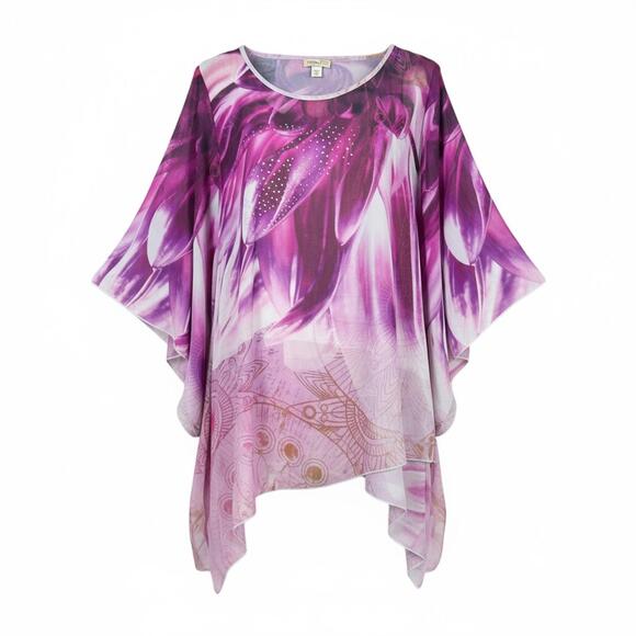 One World Tops - One World Women's Purple Floral Tunic Top‎ with Sequin Detail Size L w/ Liner